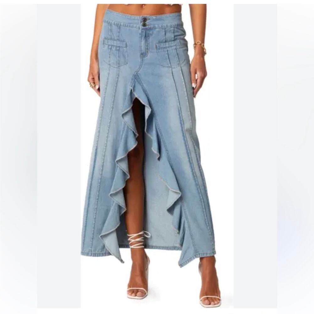Edikted Valencia Ruffle Slitted Denim Maxi Skirt Small (new with tags) - Picture 2 of 7